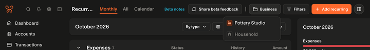 The business filter on Monarch's Recurring page, choosing between a business and the household.