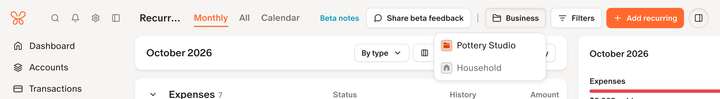 The business filter on Monarch's Recurring page, choosing between a business and the household.