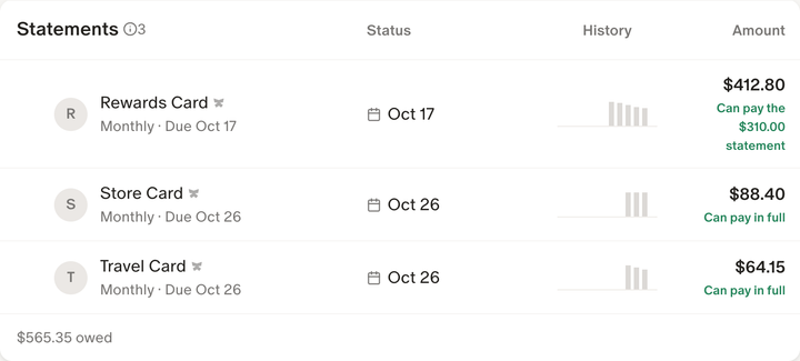 Recurring's Statements card filled in with three credit cards, each with its due date, statement amount and whether checking can pay it.