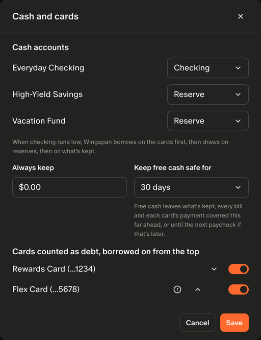 The Cash and cards dialog, choosing checking accounts, reserves, cards and how much to keep in checking.