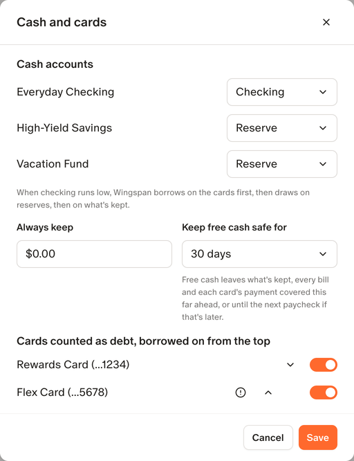 The Cash and cards dialog, choosing checking accounts, reserves, cards and how much to keep in checking.