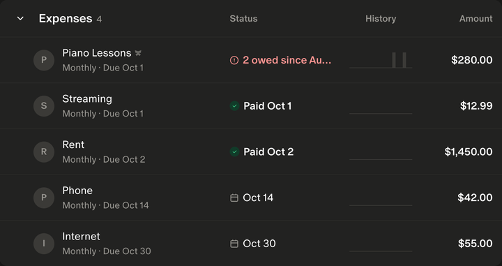 Monarch's Recurring Expenses table with a due date under each bill, sorted soonest first.