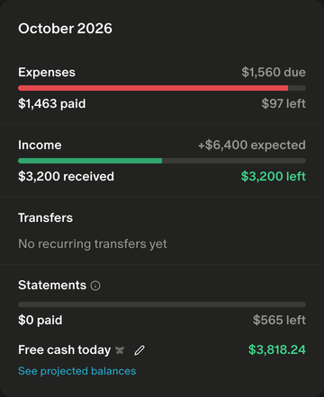 Recurring's month summary with the Statements line and Free cash today, linking to Projected balances.