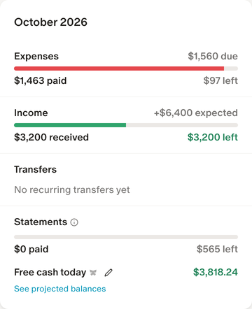 Recurring's month summary with the Statements line and Free cash today, linking to Projected balances.