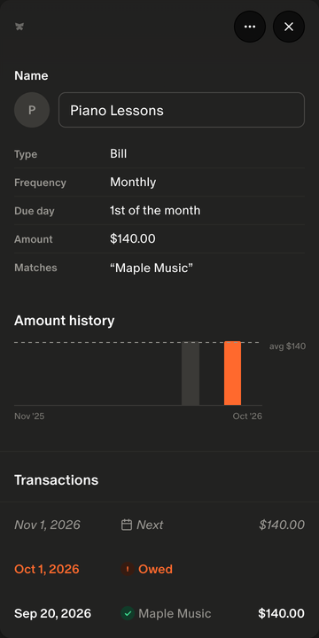 A manual bill's details: its due day, amount, the payee it matches, and this month's payment still owed.