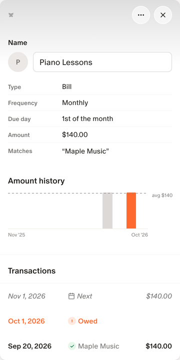 A manual bill's details: its due day, amount, the payee it matches, and this month's payment still owed.